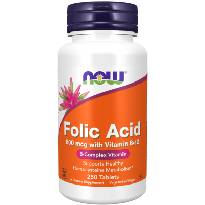 Folic Acid (kwas foliowy + witamina B12) 800 mcg 250 tabletek Now Foods  - 733739004765.jpg